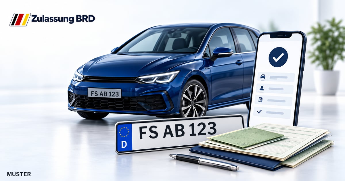 Online Fahrzeugzulassung in Eching: Musterkennzeichen FS AB 123, Auto und Fahrzeugpapiere und Smartphone. Illustration mit Logo von Zulassung BRD.